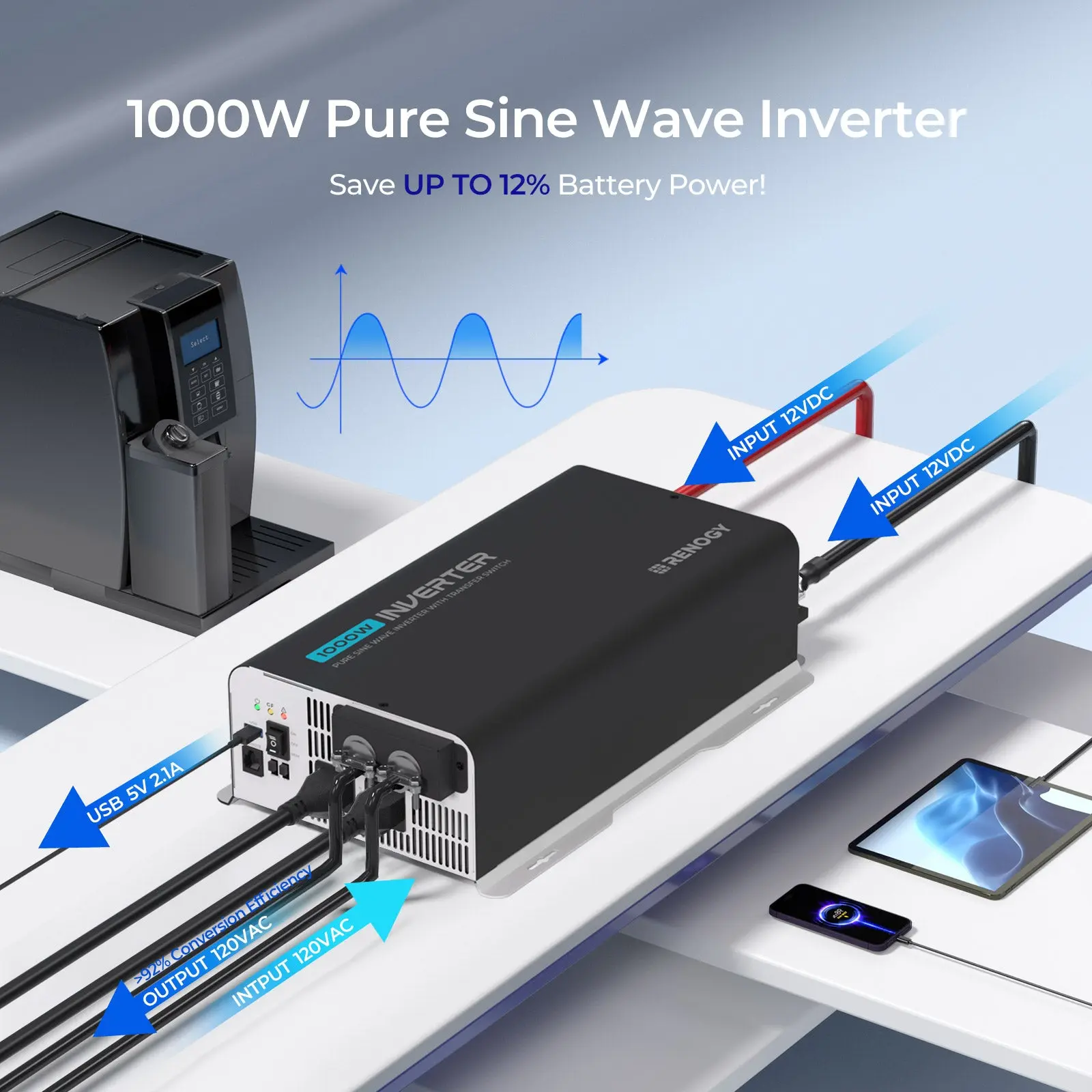 1000W 12V Pure Sine Wave Inverter with UPS Transfer Switch and Built-in Bluetooth - Image 8