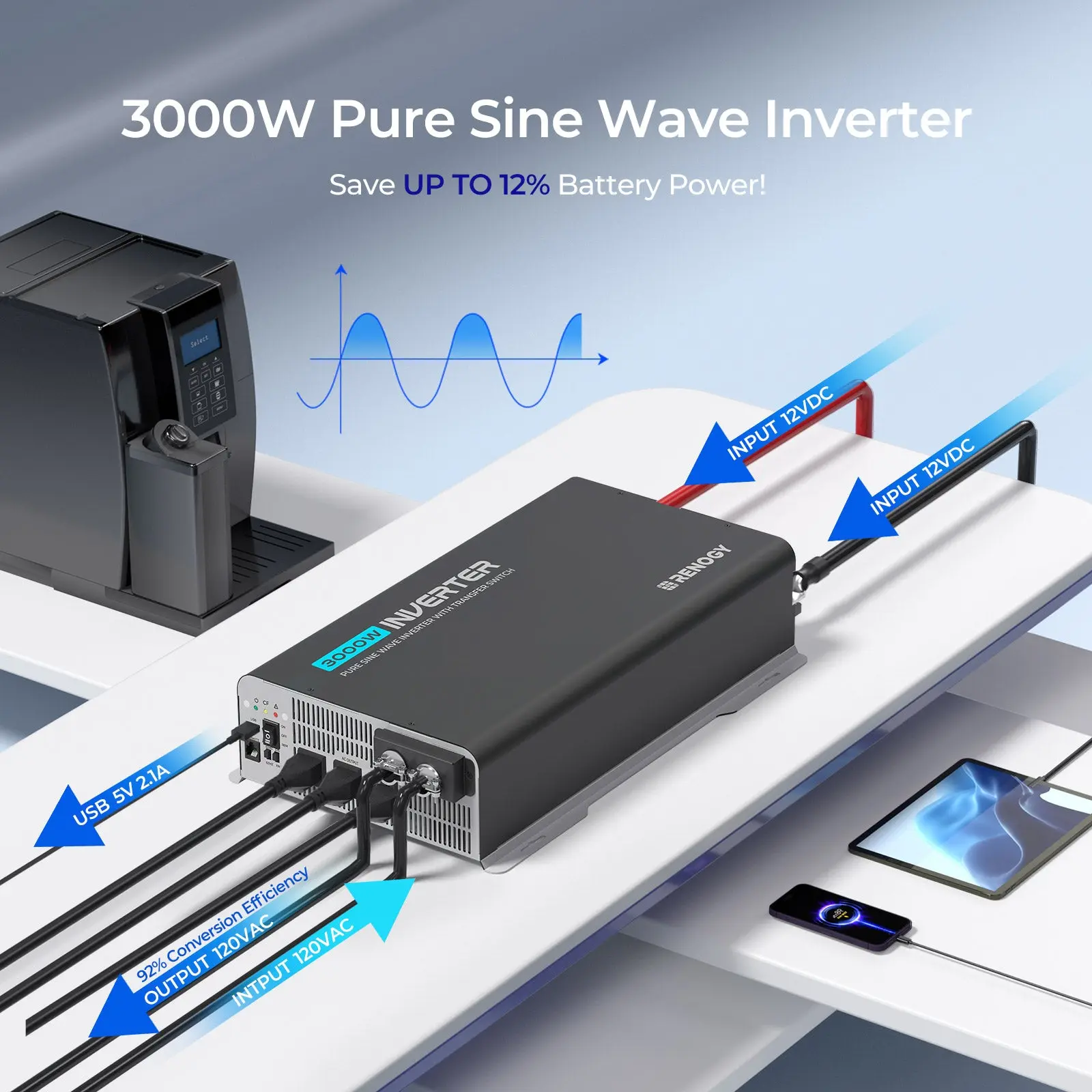 PUH 12V 3000W/2000W/1000W Pure Sine Wave Inverter with UPS Transfer Switch and Built-in Bluetooth - Image 5